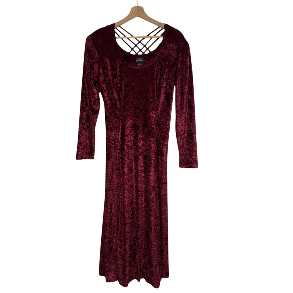 Brett Alixander Vintage Burgundy Crushed Velvet Strappy Back Midi Dress Size 10